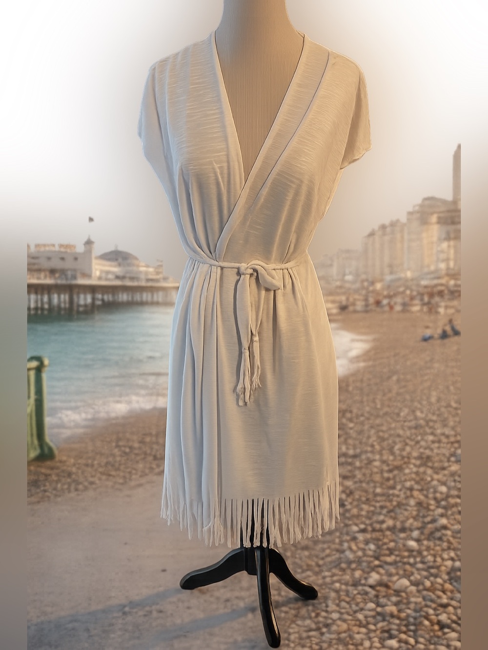 Becca By Rebecca Virtue Beach Cover Up White Fringe Semi Sheer XS Tie Belt Boho